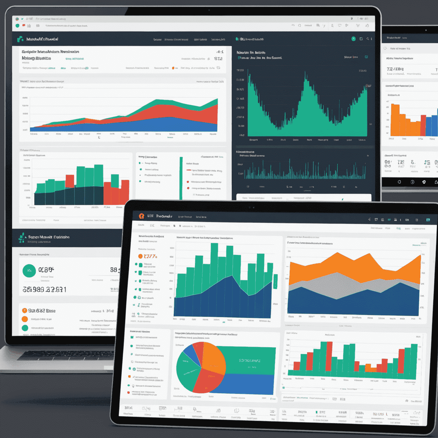Interfața MarketMind AI prezentând grafice complexe de predicție a tendințelor și panouri de analiză a datelor