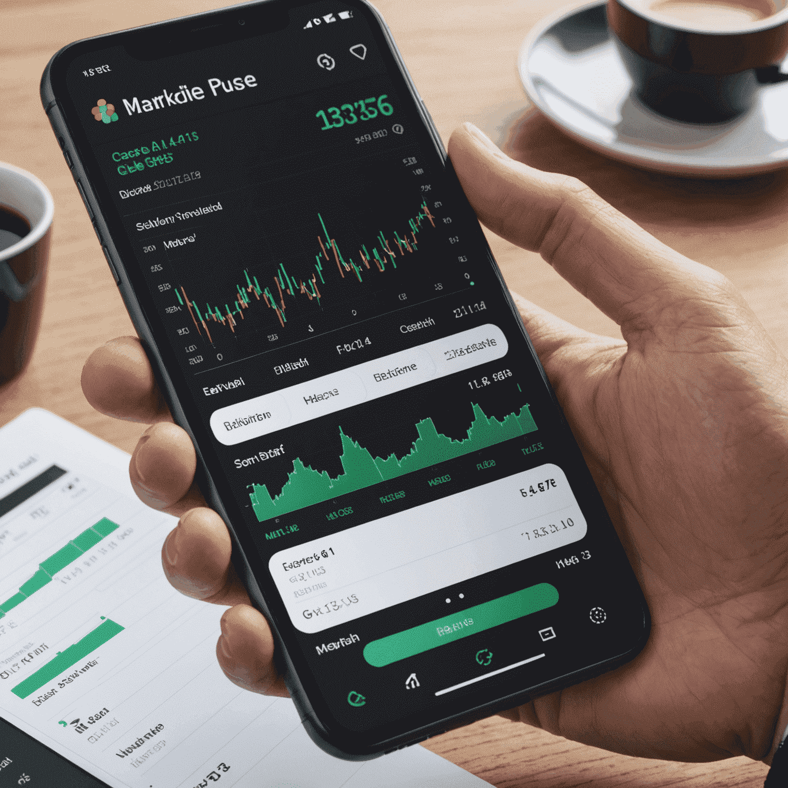 Interfața mobilă a MarketPulse AI prezentând alerte în timp real și analize rapide ale fluctuațiilor pieței